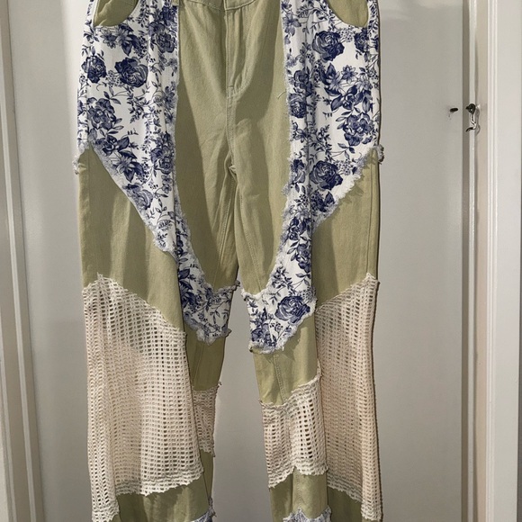 POL Medium Patch Work Mesh Denim Sage Green Jeans. Elastic in waist in back.NWOT - Picture 2 of 5